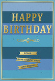 An elegant blue and gold birthday card stands as the focus of this scene, radiating calm sophistication against the imagined backdrop of vibrant Chinatown streets. Its background is made of wide horizontal bands of blue that drift from a deep navy at the top and bottom into lighter denim, teal, and soft sky shades at the centre, creating an ombre effect that feels like watching the sky gently brighten above the lantern-strung alleys off Shaftesbury Avenue. Across the centre, prominently placed, the words HAPPY BIRTHDAY are embossed in gleaming gold. The lettering is bold yet refined, with each character slightly raised, catching stray light and giving off a warm, inviting glint-not unlike the soft glow from restaurant windows at night. Just beneath this central greeting, a delicate golden flourish curls gracefully, echoing the shapes of traditional scrollwork or brushstrokes from calligraphy, subtly linking contemporary design with classic artistry. Below the flourish, three slim gold banners are set in a precise stack, each one holding part of a kind, encouraging sentiment so that, read together, they say: Relax, have a great day and enjoy! The message feels personal and soothing, inviting the recipient to take a peaceful pause on their birthday, perhaps after a busy walk through nearby markets and bakeries. The card's surface appears smooth and gently matte, with the raised gold elements providing tactile detail under the fingertips. A narrow, continuous gold border frames the entire composition, giving it the polished look of a framed piece of art. Paired with fresh blooms from a local Chinatown florist, this card becomes a beautifully balanced gesture of celebration-quiet, sincere, and warmly memorable.